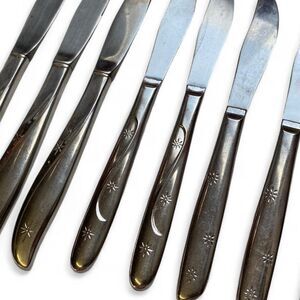 Vintage MCM Midcentury Modern Whimsigoth Set of 8 Silver Knifes Boho Star Motifs